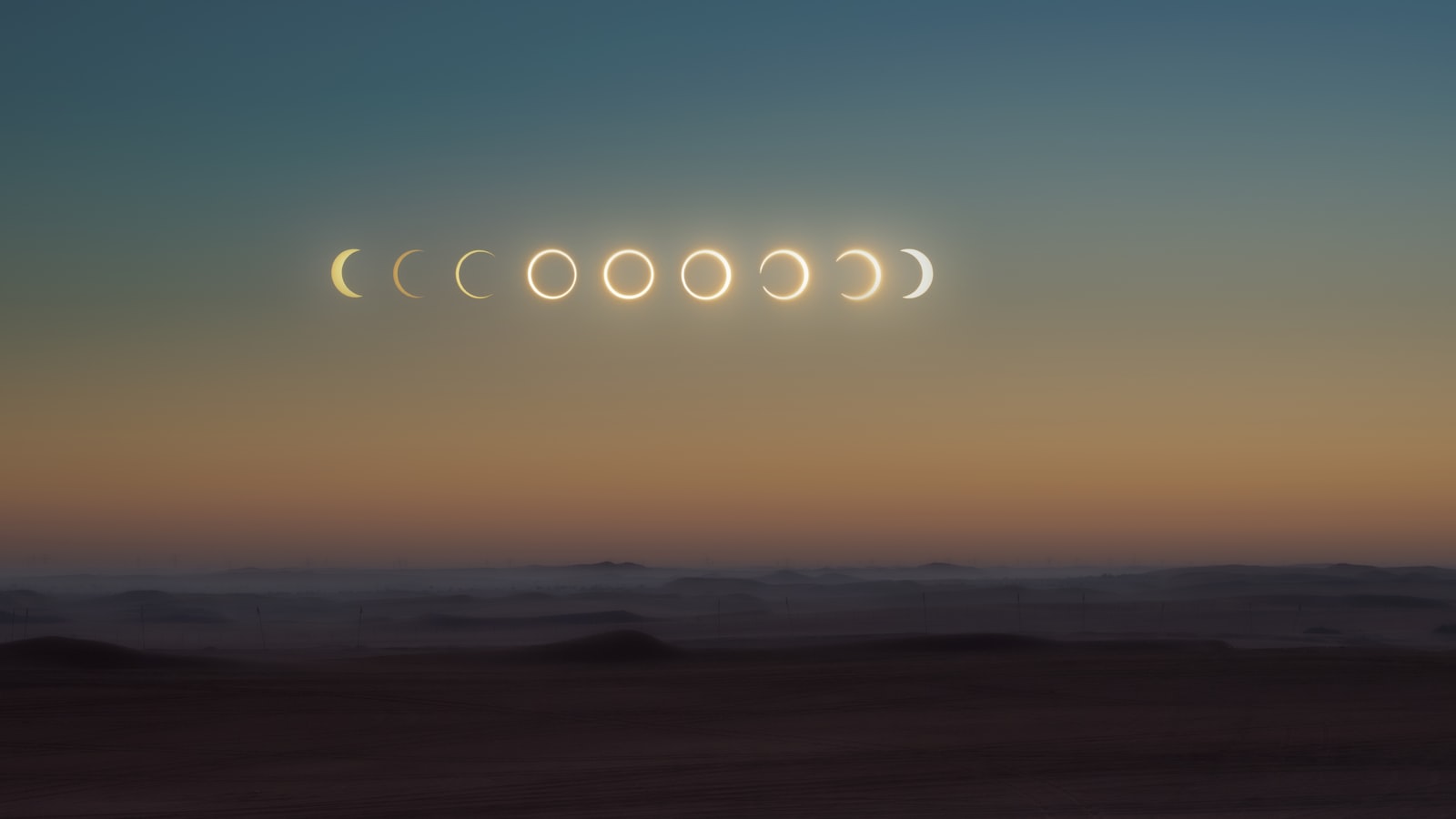 Chapelet des phases d'une éclipse au crépuscule
