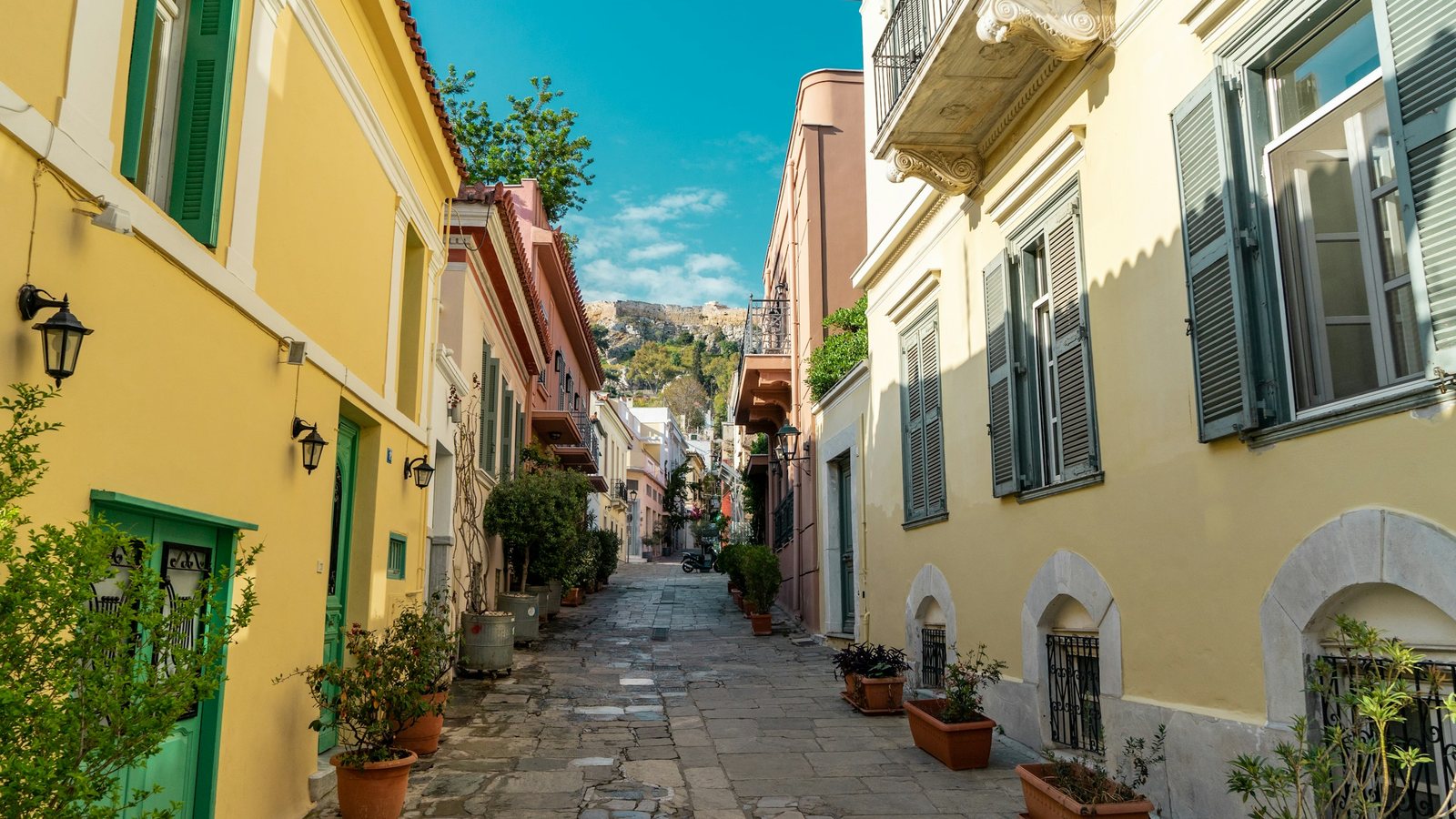 Une rue pavée étroite bordée de plantes en pot