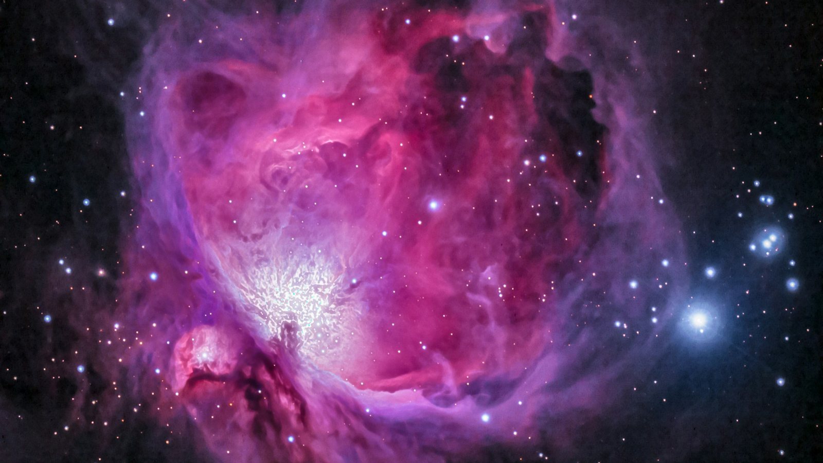 La nébuleuse d'Orion, rose et violette, entourée d'étoiles, ciel profond du mercredi 7 octobre 2026