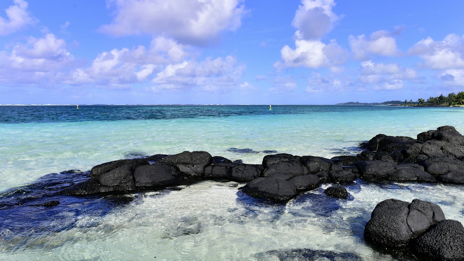 Des rochers volcaniques noirs dans une eau turquoise