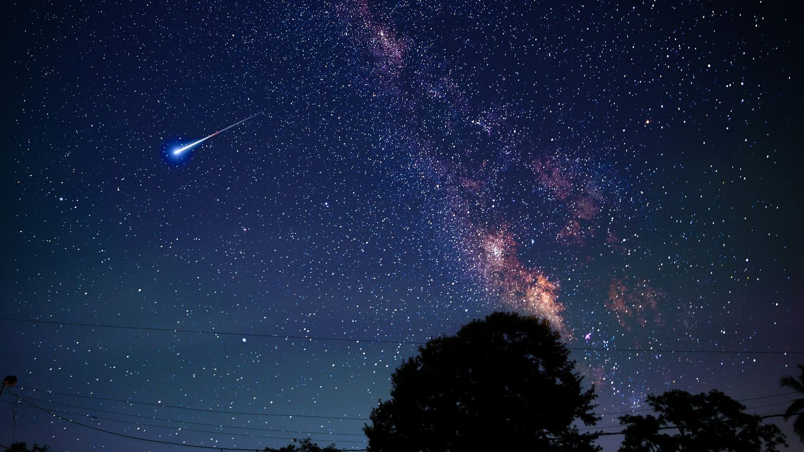 Ciel nocturne étoilé traversé par la Voie lactée, une traînée lumineuse de météore sur la gauche, et en bas du cadre la silhouette d'un arbre et de câbles électriques