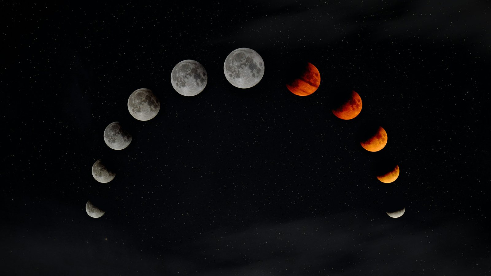 Composition en arc de cercle montrant les phases successives d'une éclipse de Lune, du disque gris entier au disque cuivré de la totalité