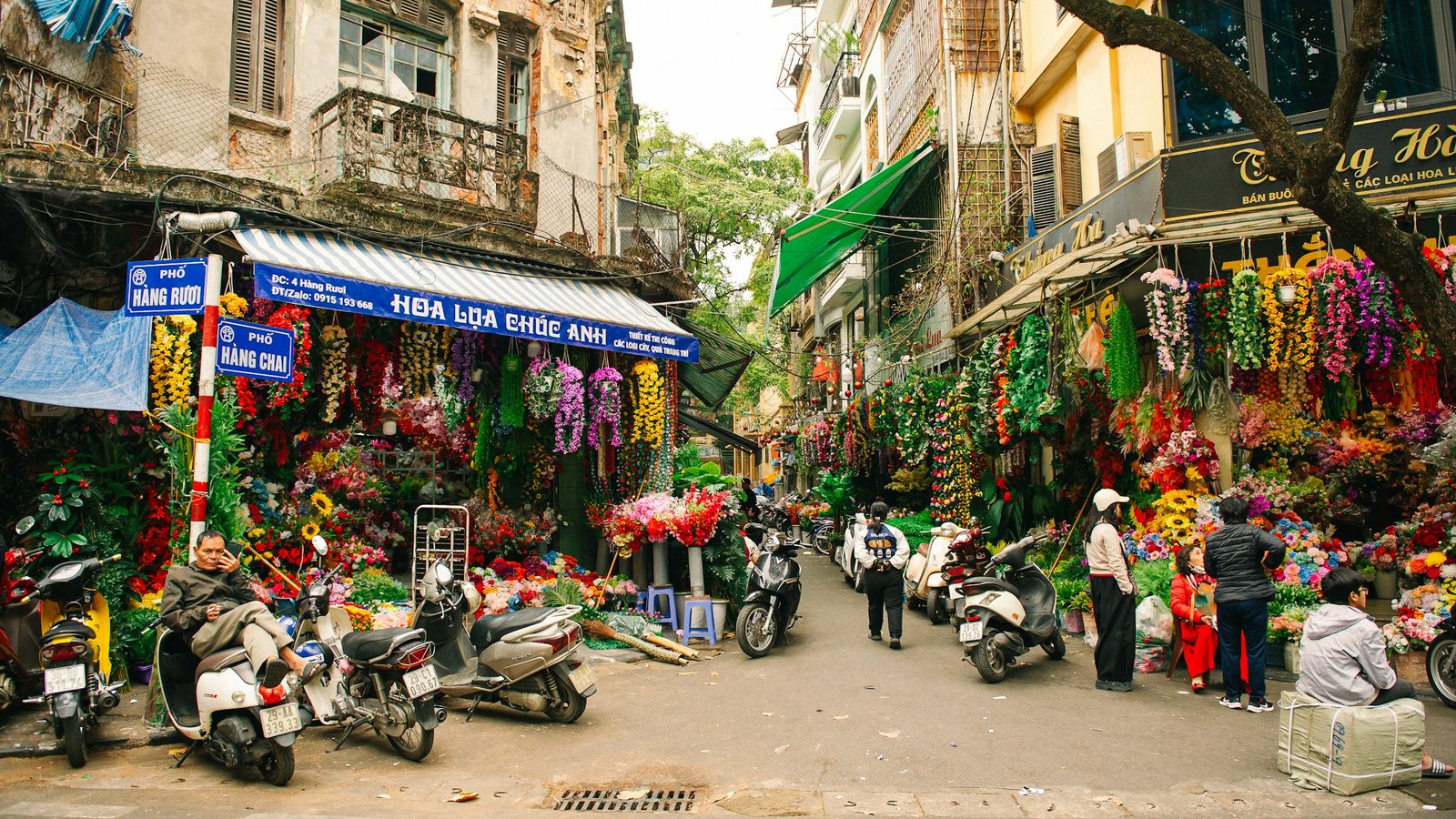 Une rue bordée de cafés et de drapeaux